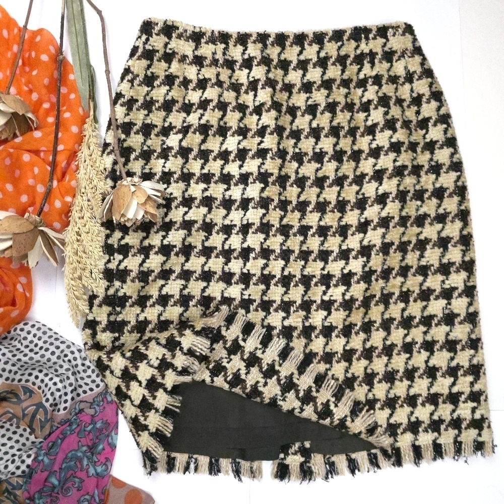 Carlisle Wool Tan Brown Houndstooth Patterned Skirt Sz 12